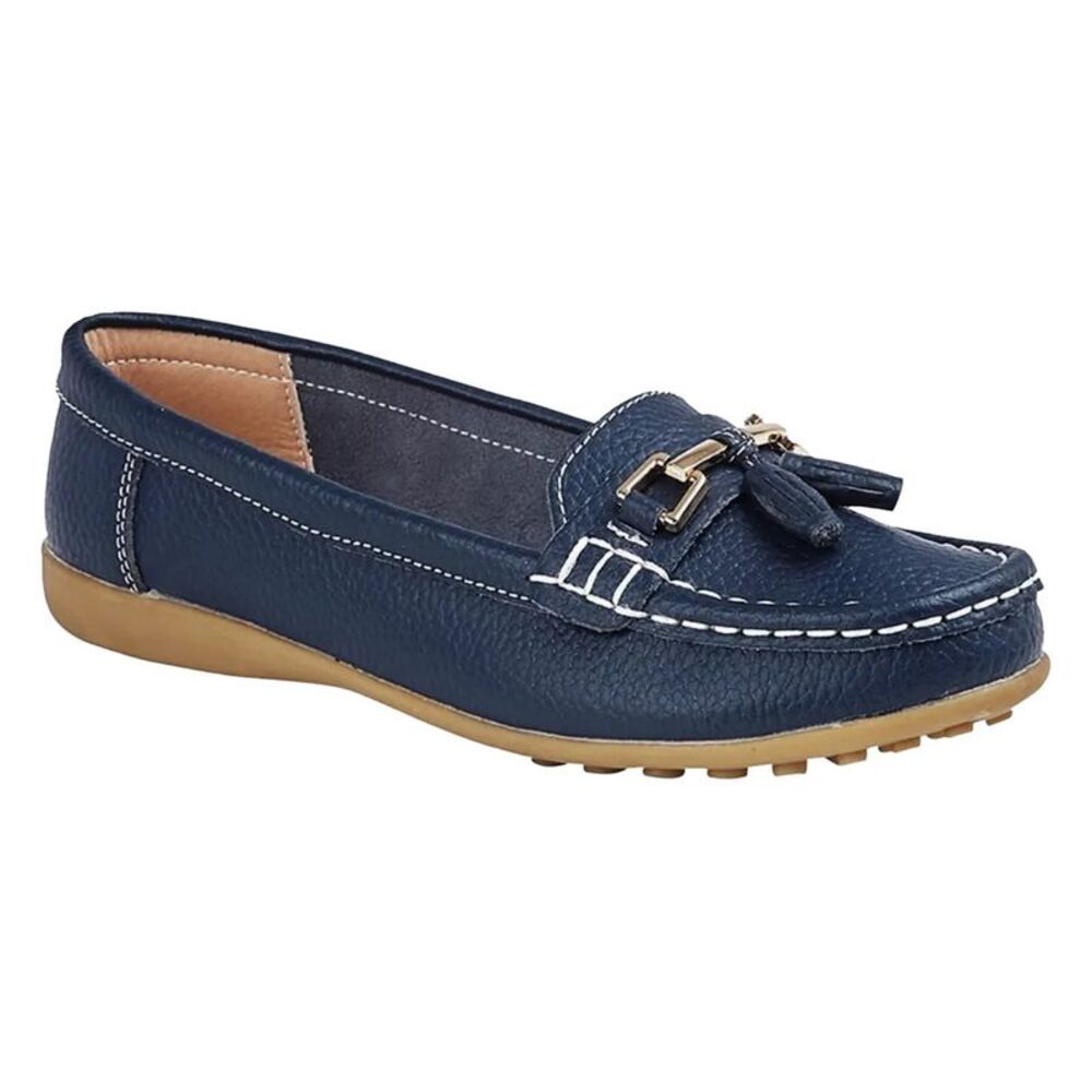 Boulevard Womens/Ladies Action Leather Saddle Loafers / Navy Blue